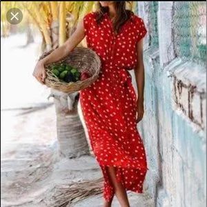 🍯 Billabong Red Floral Side Slit Collared Maxi Dress